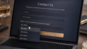 Close-up of a premium B2B website contact form using a budget dropdown menu to filter unqualified leads.