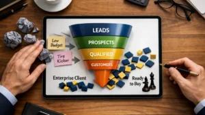 Overhead view of a digital sales funnel on a tablet filtering out unqualified junk leads to attract high-paying B2B clients.