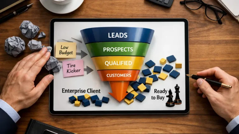 Overhead view of a digital sales funnel on a tablet filtering out unqualified junk leads to attract high-paying B2B clients.