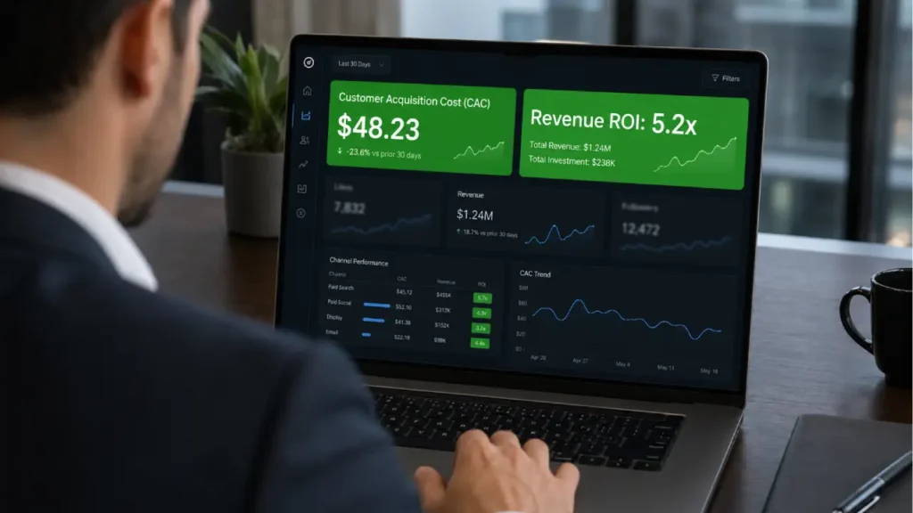 Over-the-shoulder view of a professional looking at a dark-mode laptop dashboard showing bright green panels for “Customer Acquisition Cost (CAC)” and “Revenue ROI: 5.2x,” with blurred vanity metrics in the background